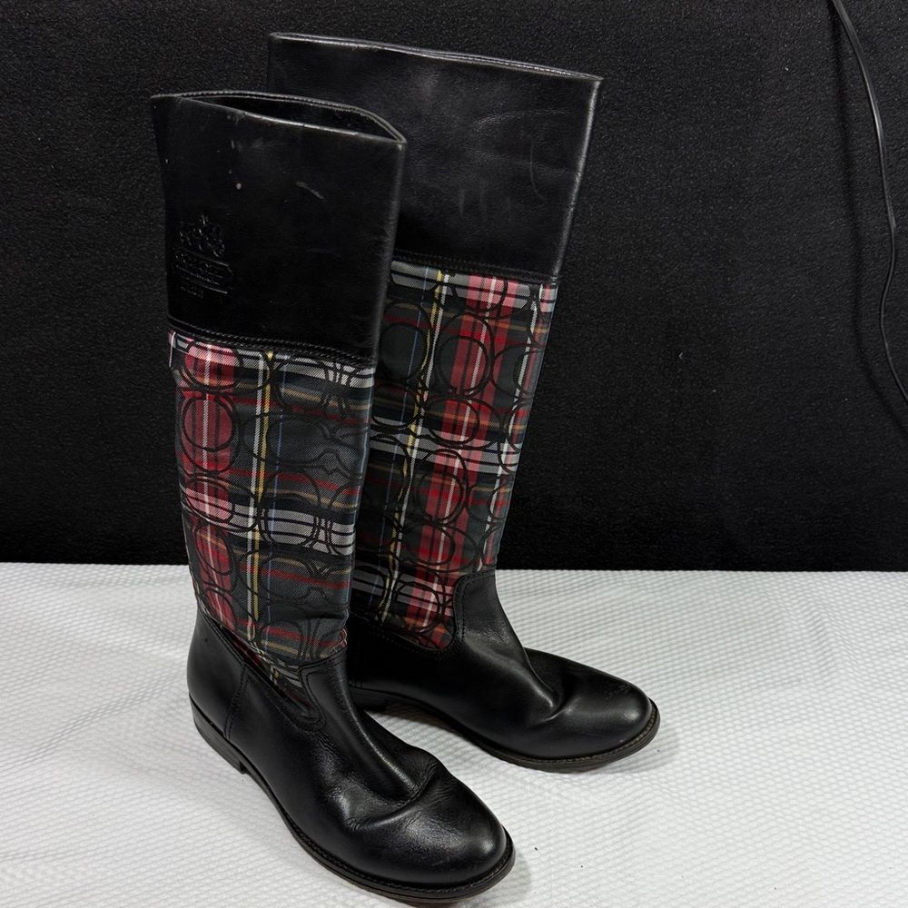 Coach Chrissi Tartan Plaid Green, Black And Red Boots Size 7